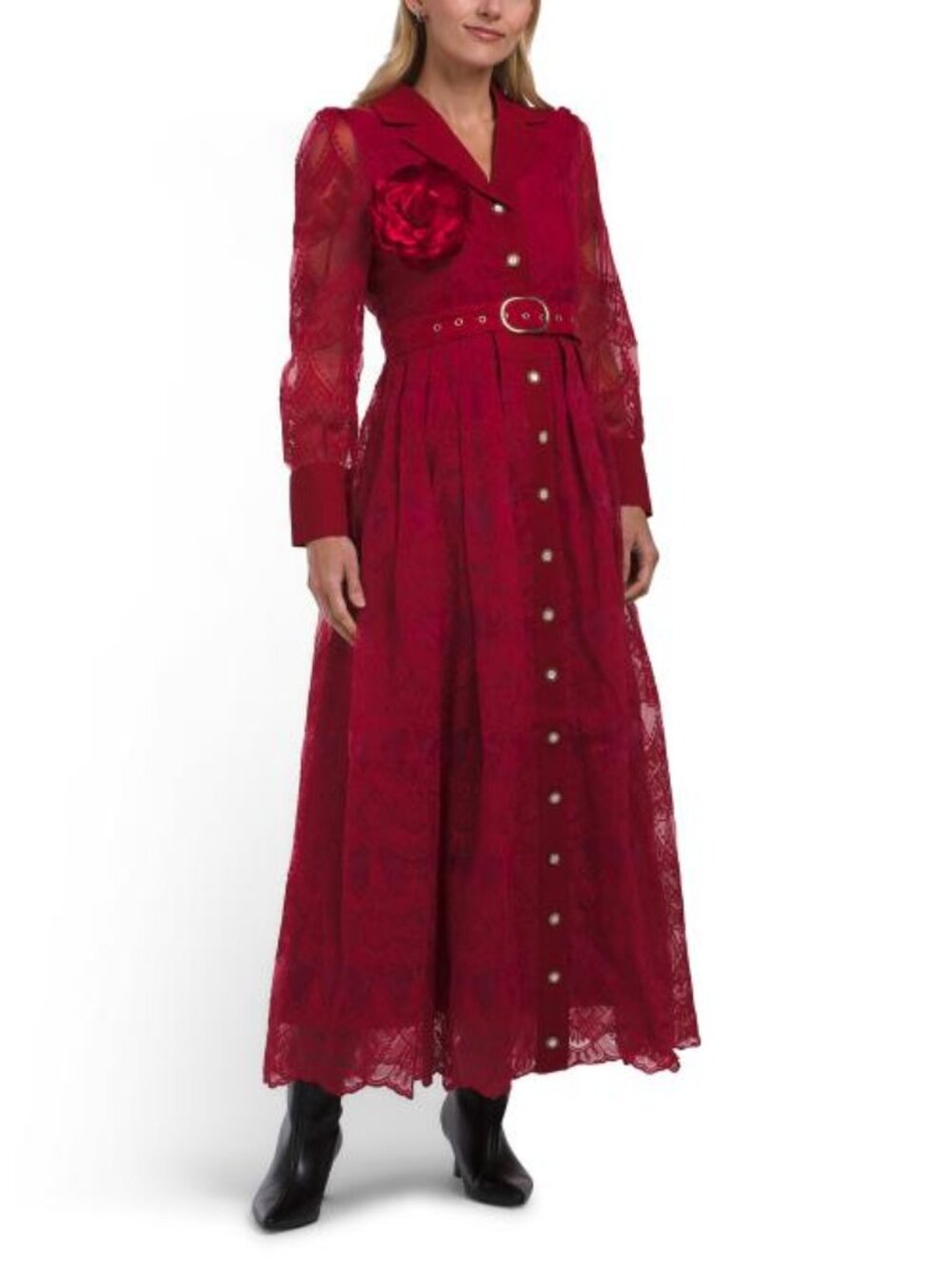 DALIA MACPHEE Long Sleeve Lace 3d Floral Maxi Dress
